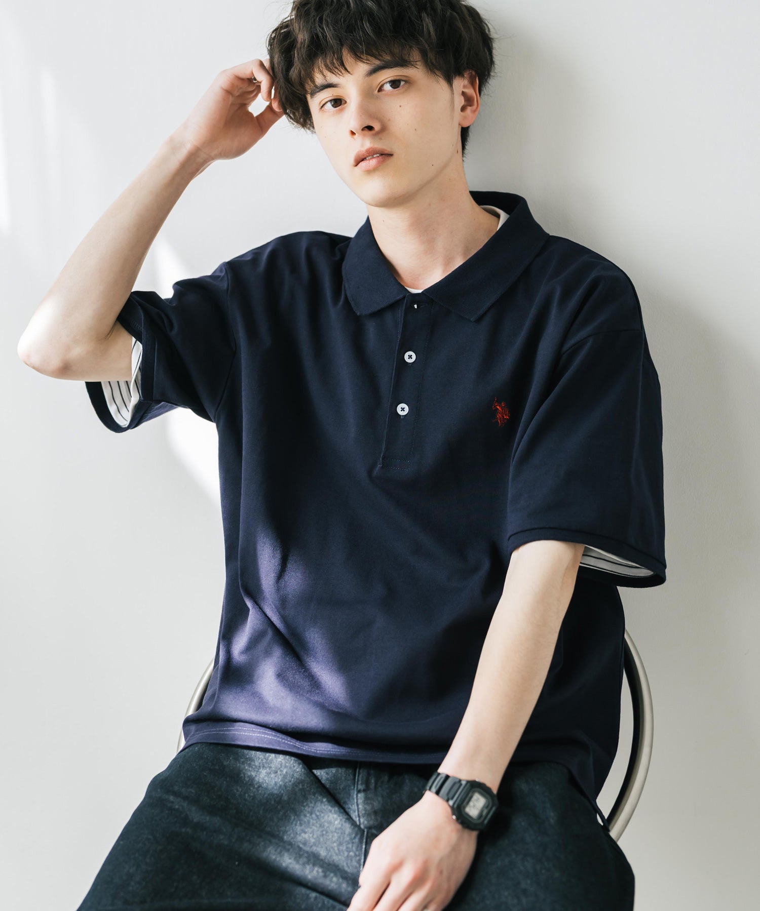 U.S. POLO ASSN. ユーエスポロアッスン 別注コラボ 無地/ラインリブ ワンポイントロゴ刺繍天竺半袖ポロシャツ