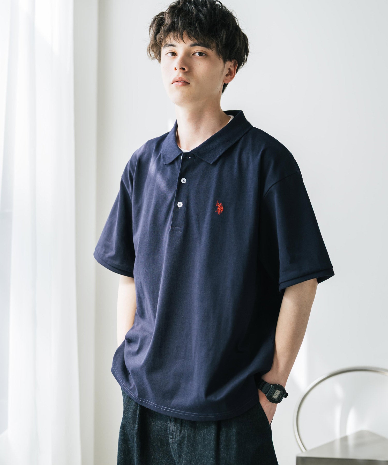 U.S. POLO ASSN. ユーエスポロアッスン 別注コラボ 無地/ラインリブ ワンポイントロゴ刺繍天竺半袖ポロシャツ