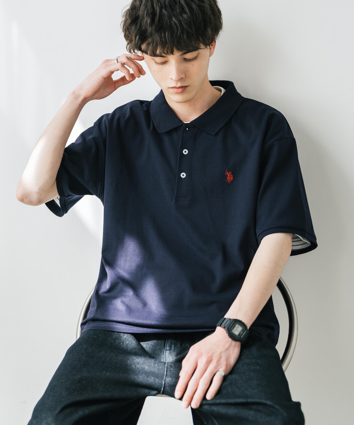 U.S. POLO ASSN. ユーエスポロアッスン 別注コラボ 無地/ラインリブ ワンポイントロゴ刺繍天竺半袖ポロシャツ