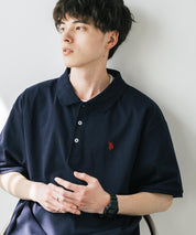U.S. POLO ASSN. ユーエスポロアッスン 別注コラボ 無地/ラインリブ ワンポイントロゴ刺繍天竺半袖ポロシャツ