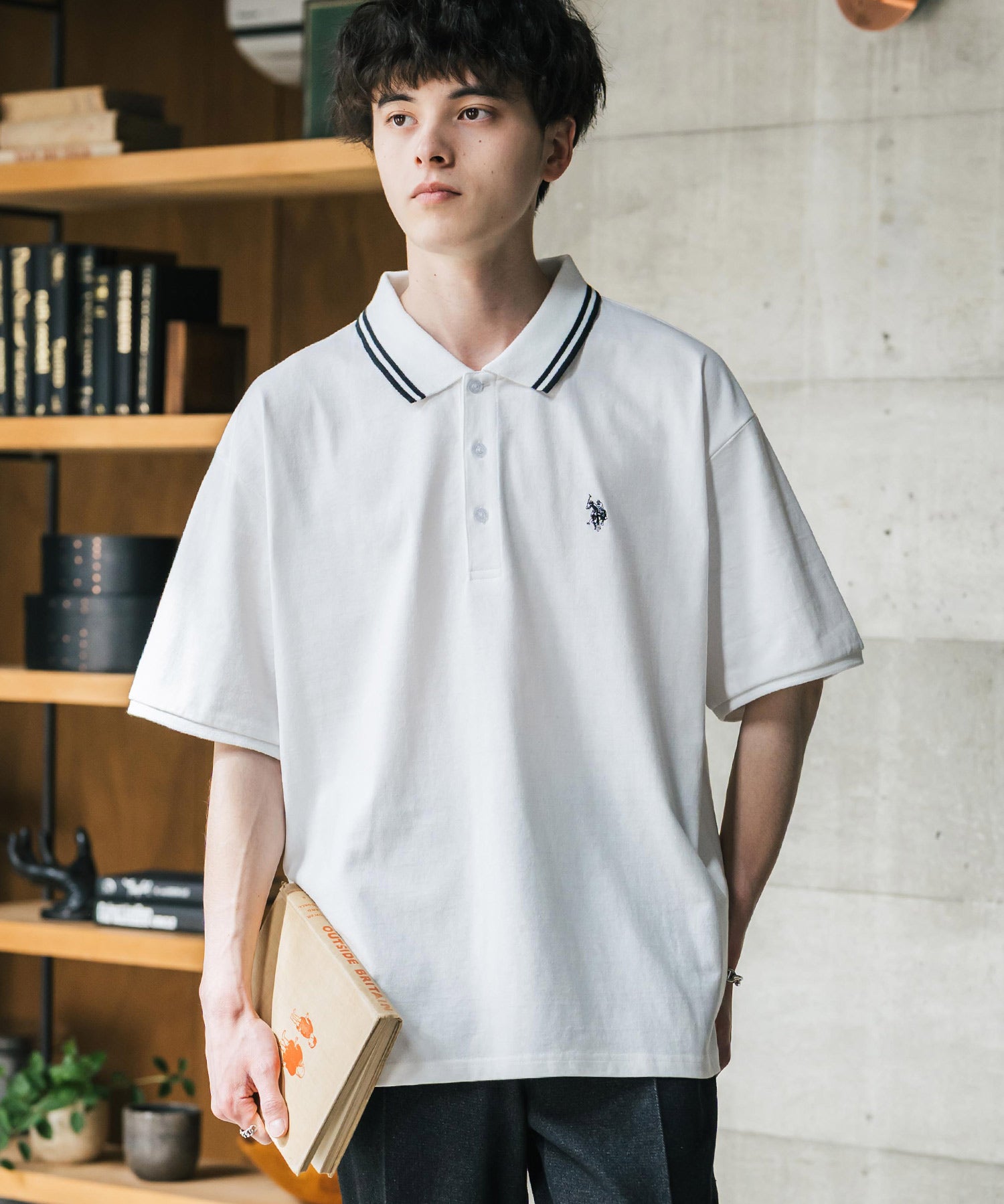 U.S. POLO ASSN. ユーエスポロアッスン 別注コラボ 無地/ラインリブ ワンポイントロゴ刺繍天竺半袖ポロシャツ