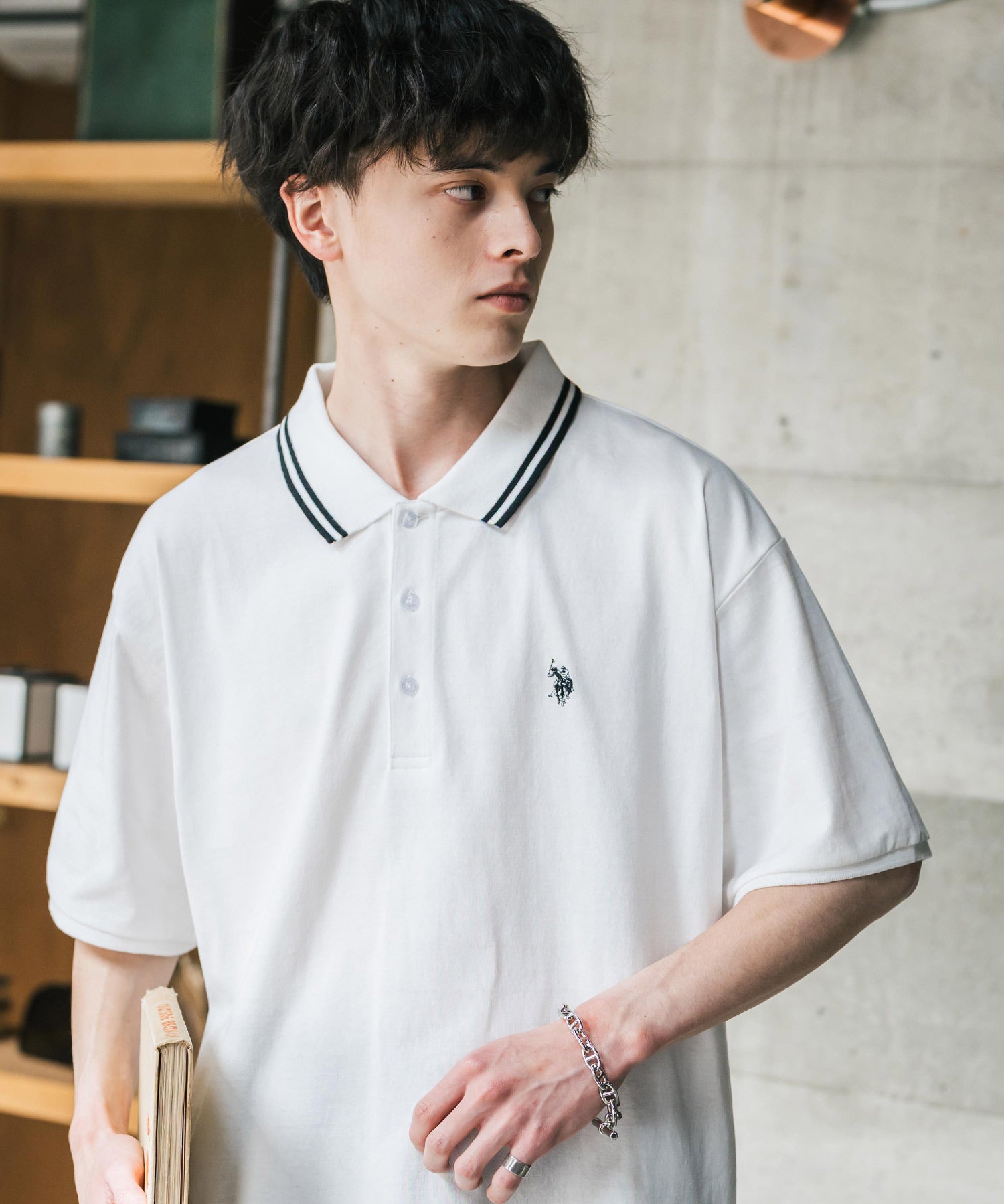 U.S. POLO ASSN. ユーエスポロアッスン 別注コラボ 無地/ラインリブ ワンポイントロゴ刺繍天竺半袖ポロシャツ