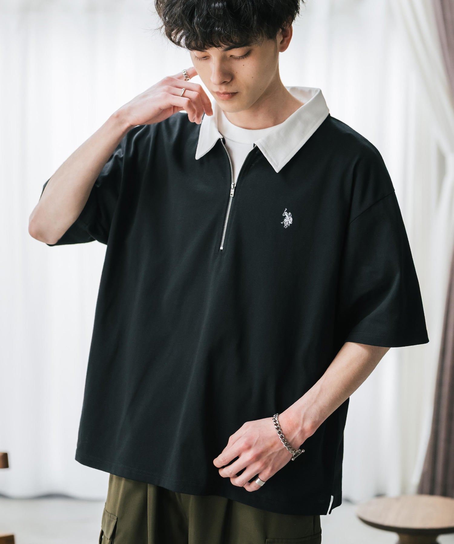 U.S. POLO ASSN. ユーエスポロアッスン 別注コラボ 無地/クレリック ワンポイントロゴ刺繍天竺ハーフジップ半袖ポロシャツ