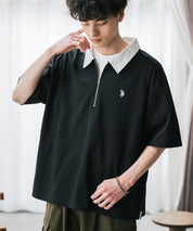 U.S. POLO ASSN. ユーエスポロアッスン 別注コラボ 無地/クレリック ワンポイントロゴ刺繍天竺ハーフジップ半袖ポロシャツ