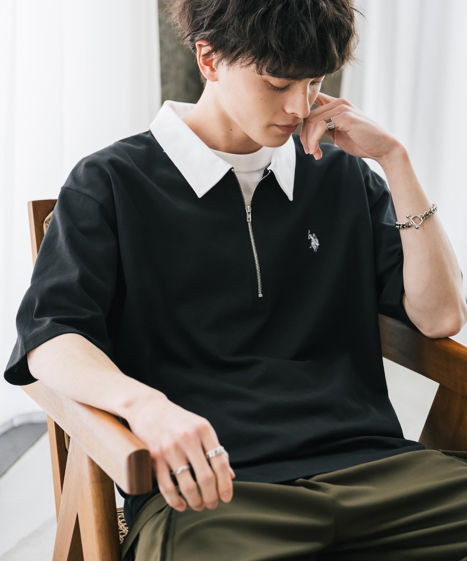 U.S. POLO ASSN. ユーエスポロアッスン 別注コラボ 無地/クレリック ワンポイントロゴ刺繍天竺ハーフジップ半袖ポロシャツ