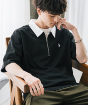 U.S. POLO ASSN. ユーエスポロアッスン 別注コラボ 無地/クレリック ワンポイントロゴ刺繍天竺ハーフジップ半袖ポロシャツ