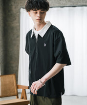 U.S. POLO ASSN. ユーエスポロアッスン 別注コラボ 無地/クレリック ワンポイントロゴ刺繍天竺ハーフジップ半袖ポロシャツ