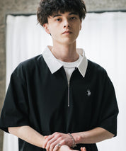U.S. POLO ASSN. ユーエスポロアッスン 別注コラボ 無地/クレリック ワンポイントロゴ刺繍天竺ハーフジップ半袖ポロシャツ