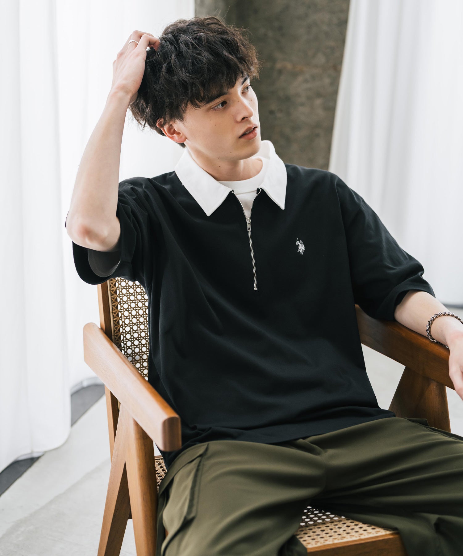 U.S. POLO ASSN. ユーエスポロアッスン 別注コラボ 無地/クレリック ワンポイントロゴ刺繍天竺ハーフジップ半袖ポロシャツ