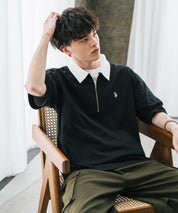 U.S. POLO ASSN. ユーエスポロアッスン 別注コラボ 無地/クレリック ワンポイントロゴ刺繍天竺ハーフジップ半袖ポロシャツ