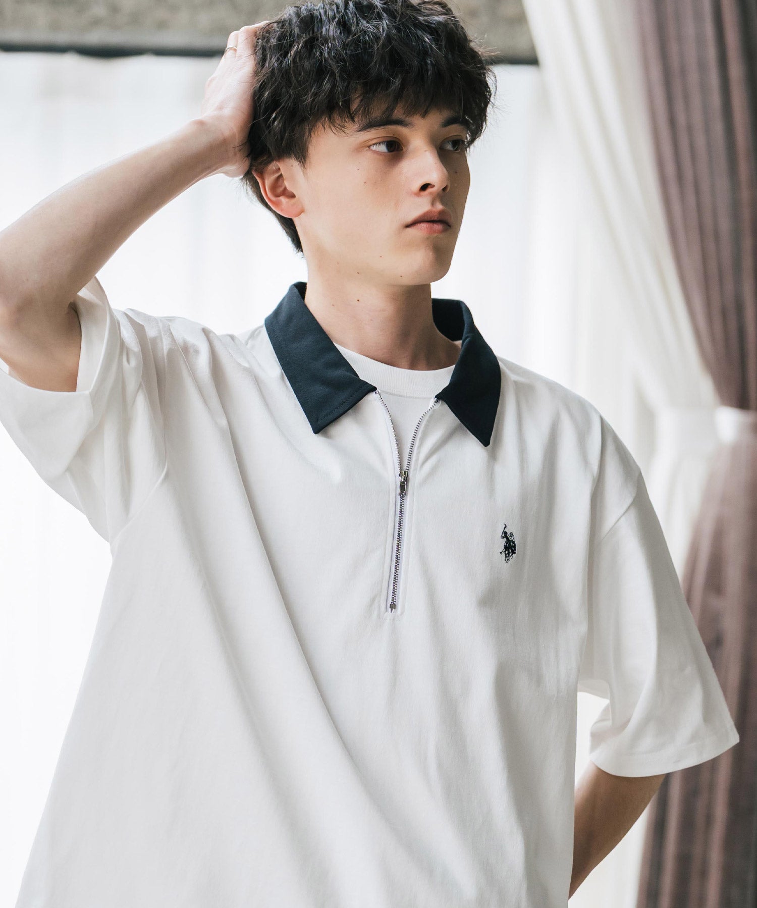 U.S. POLO ASSN. ユーエスポロアッスン 別注コラボ 無地/クレリック ワンポイントロゴ刺繍天竺ハーフジップ半袖ポロシャツ