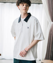 U.S. POLO ASSN. ユーエスポロアッスン 別注コラボ 無地/クレリック ワンポイントロゴ刺繍天竺ハーフジップ半袖ポロシャツ
