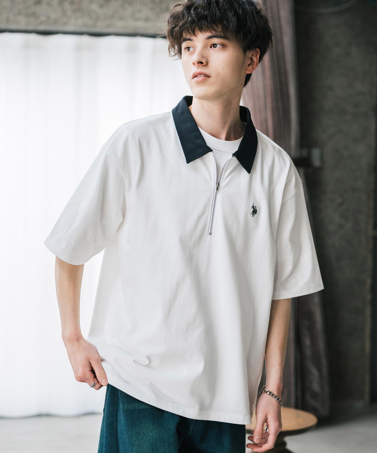 U.S. POLO ASSN. ユーエスポロアッスン 別注コラボ 無地/クレリック ワンポイントロゴ刺繍天竺ハーフジップ半袖ポロシャツ