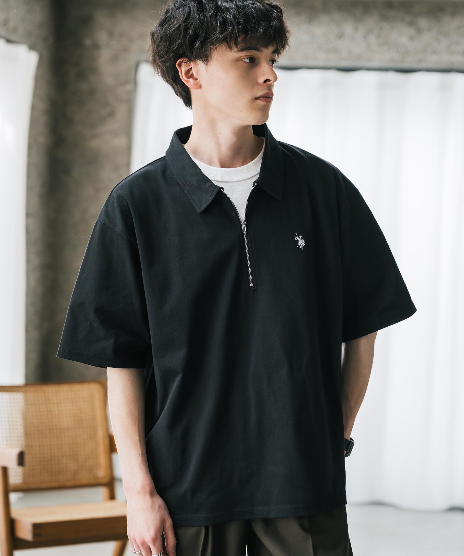 U.S. POLO ASSN. ユーエスポロアッスン 別注コラボ 無地/クレリック ワンポイントロゴ刺繍天竺ハーフジップ半袖ポロシャツ