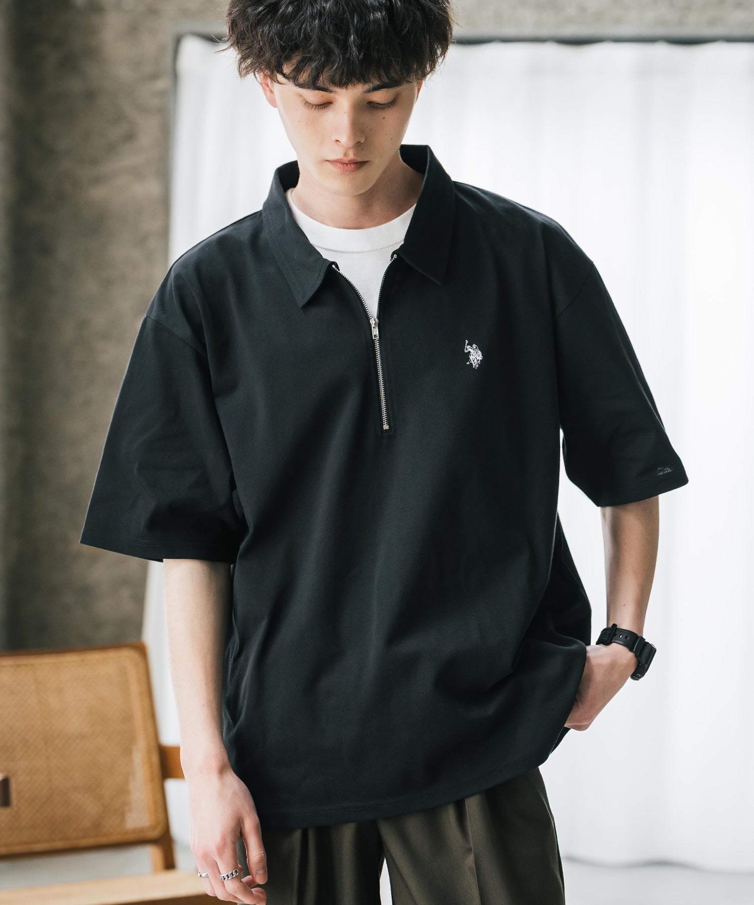 U.S. POLO ASSN. ユーエスポロアッスン 別注コラボ 無地/クレリック ワンポイントロゴ刺繍天竺ハーフジップ半袖ポロシャツ
