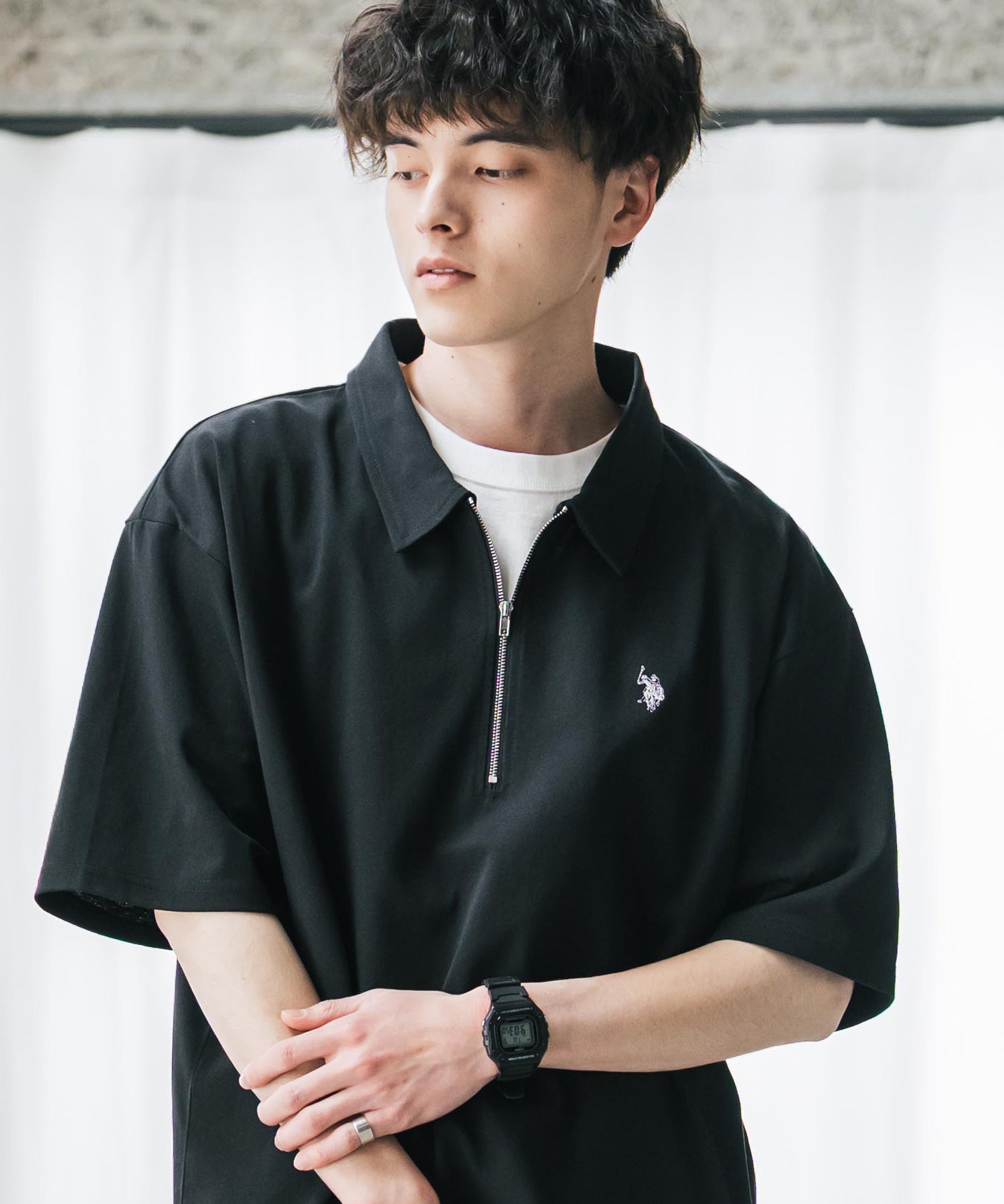 U.S. POLO ASSN. ユーエスポロアッスン 別注コラボ 無地/クレリック ワンポイントロゴ刺繍天竺ハーフジップ半袖ポロシャツ