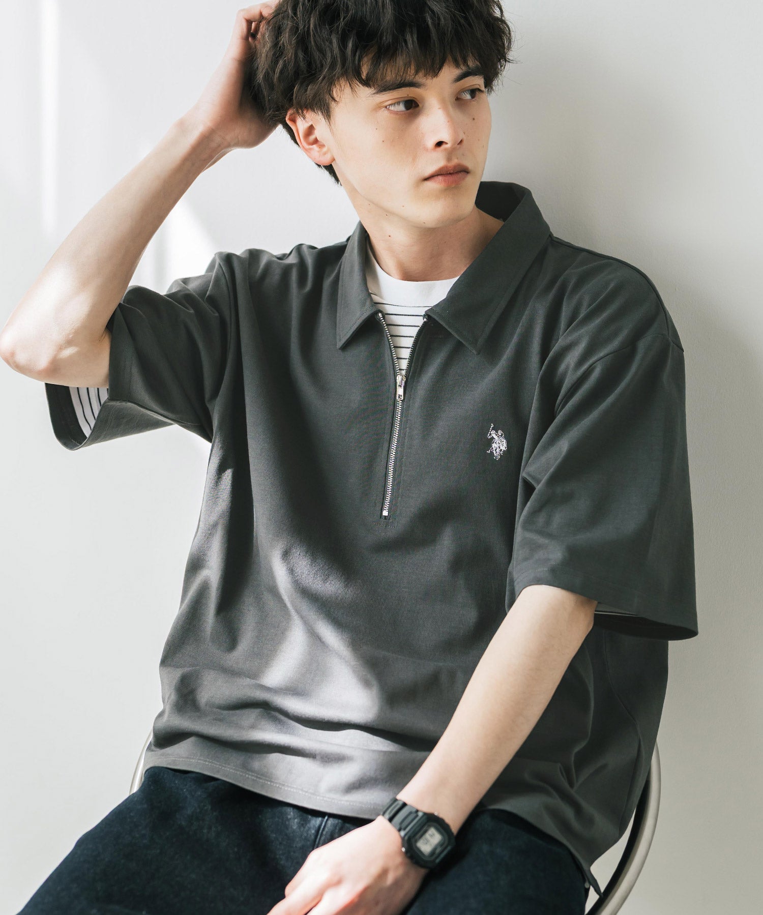 U.S. POLO ASSN. ユーエスポロアッスン 別注コラボ 無地/クレリック ワンポイントロゴ刺繍天竺ハーフジップ半袖ポロシャツ