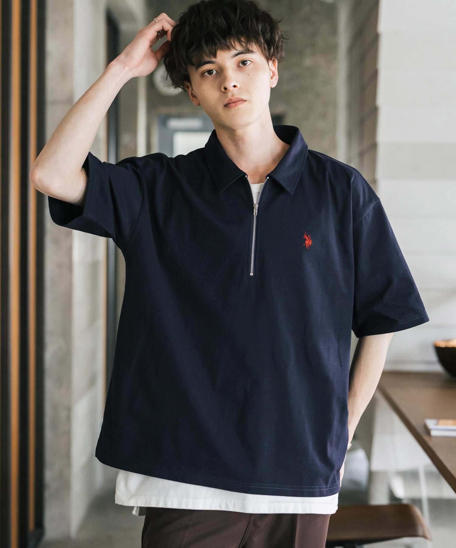 U.S. POLO ASSN. ユーエスポロアッスン 別注コラボ 無地/クレリック ワンポイントロゴ刺繍天竺ハーフジップ半袖ポロシャツ