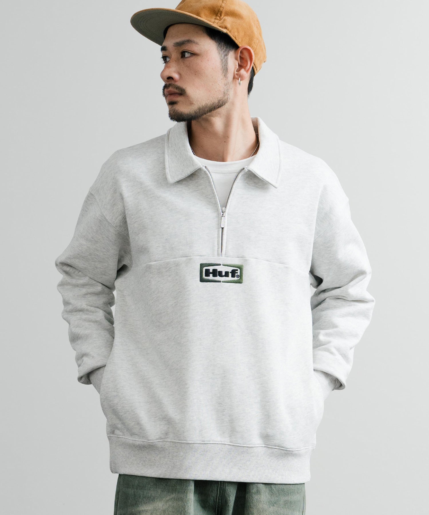 HUF ハフ SLATE QUARTER ZIP FLEECE オーバーサイズロゴ刺繍ハーフジップトレーナー