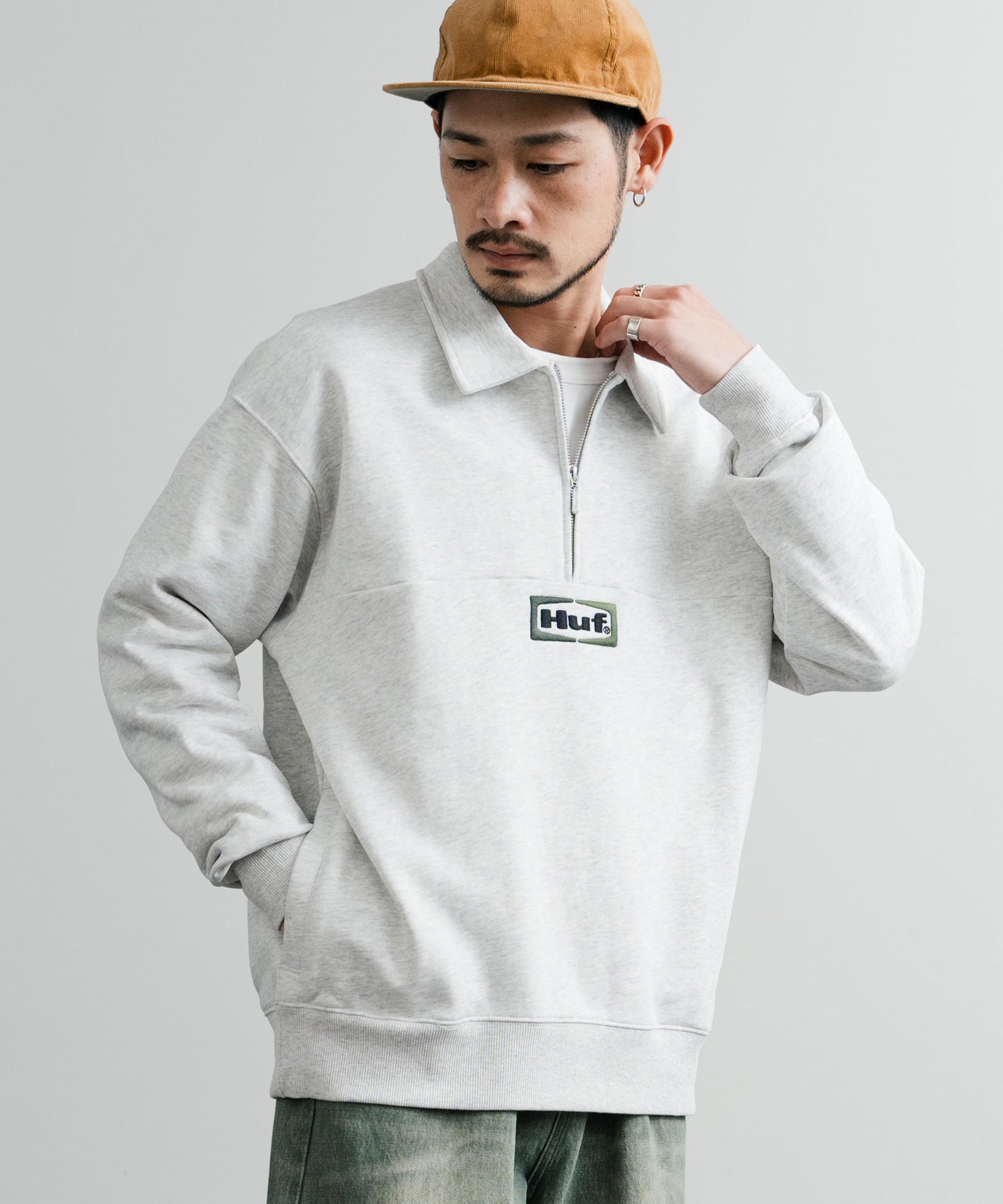 HUF ハフ SLATE QUARTER ZIP FLEECE オーバーサイズロゴ刺繍ハーフジップトレーナー