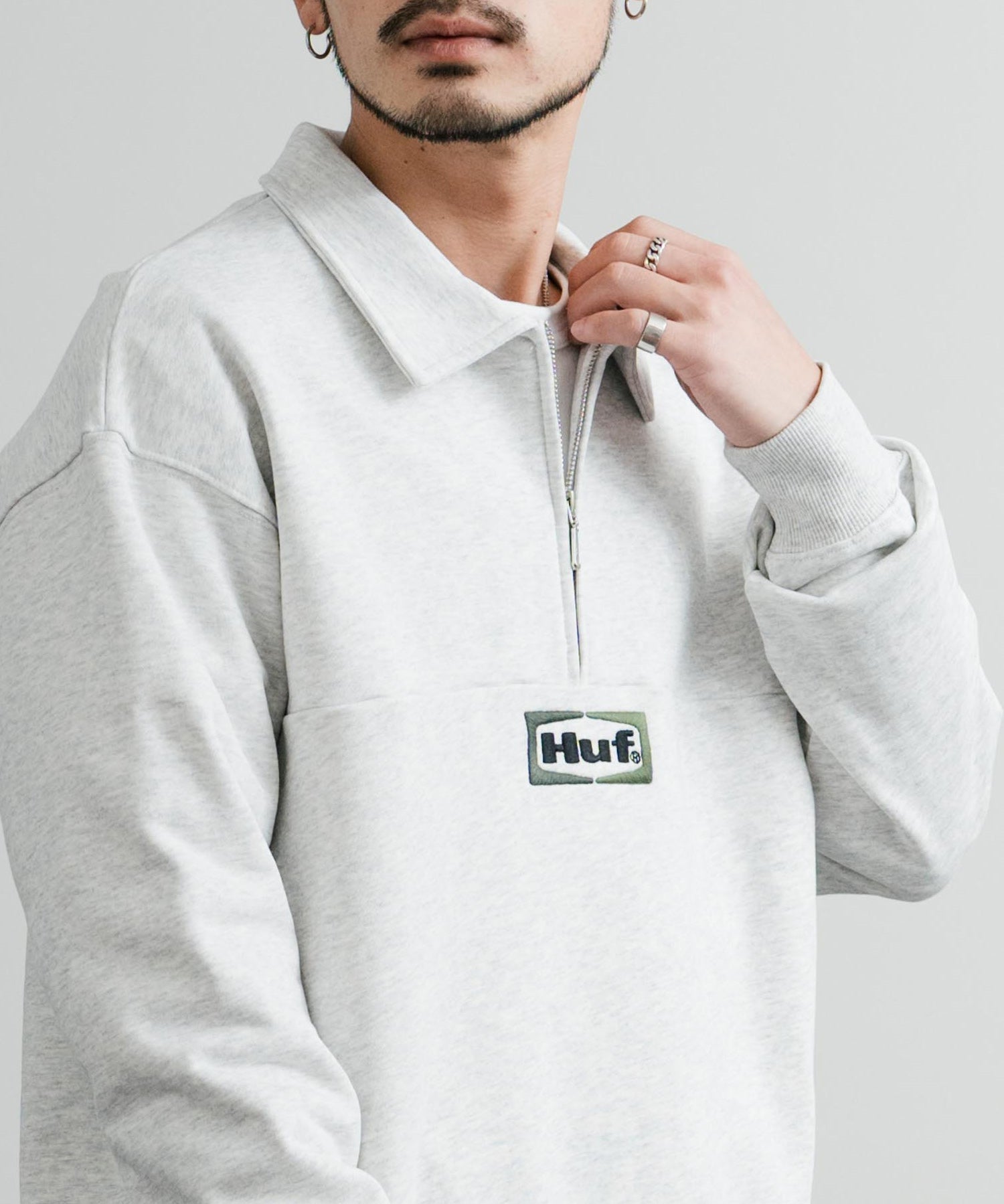 HUF ハフ SLATE QUARTER ZIP FLEECE オーバーサイズロゴ刺繍ハーフジップトレーナー
