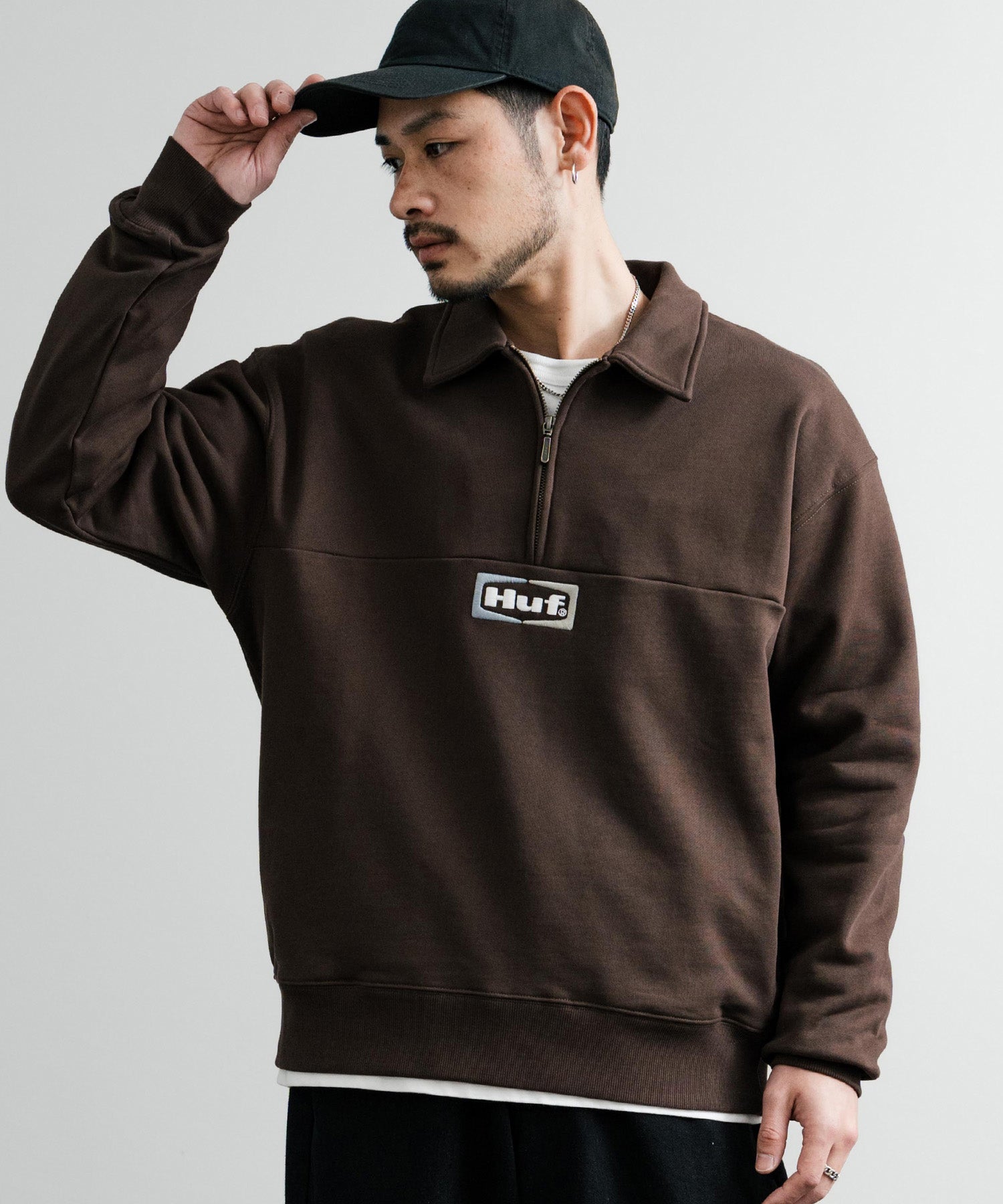 HUF ハフ SLATE QUARTER ZIP FLEECE オーバーサイズロゴ刺繍ハーフジップトレーナー