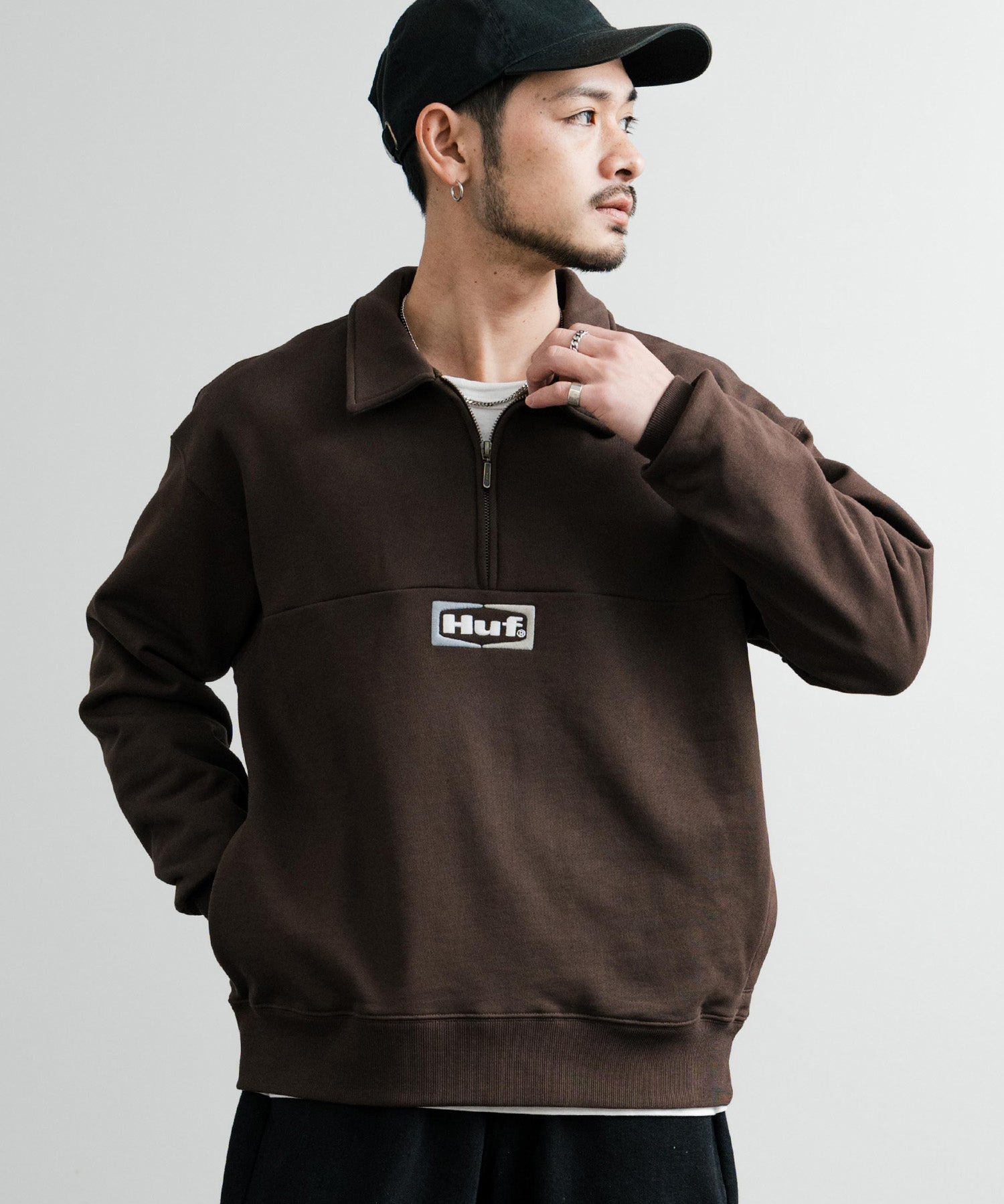 HUF ハフ SLATE QUARTER ZIP FLEECE オーバーサイズロゴ刺繍ハーフジップトレーナー