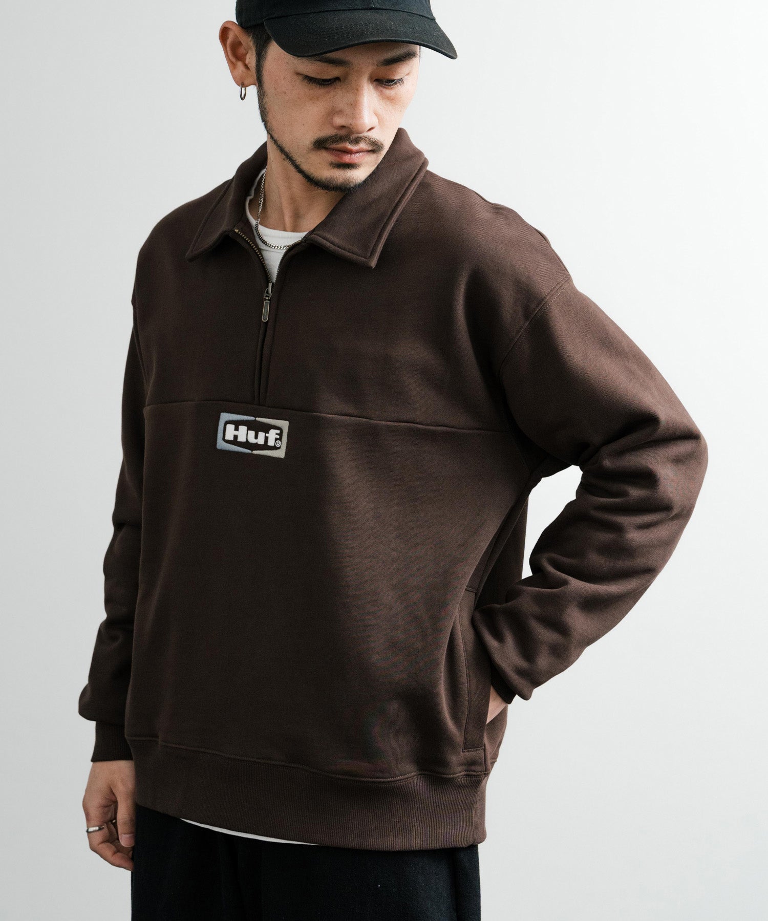 HUF ハフ SLATE QUARTER ZIP FLEECE オーバーサイズロゴ刺繍ハーフジップトレーナー