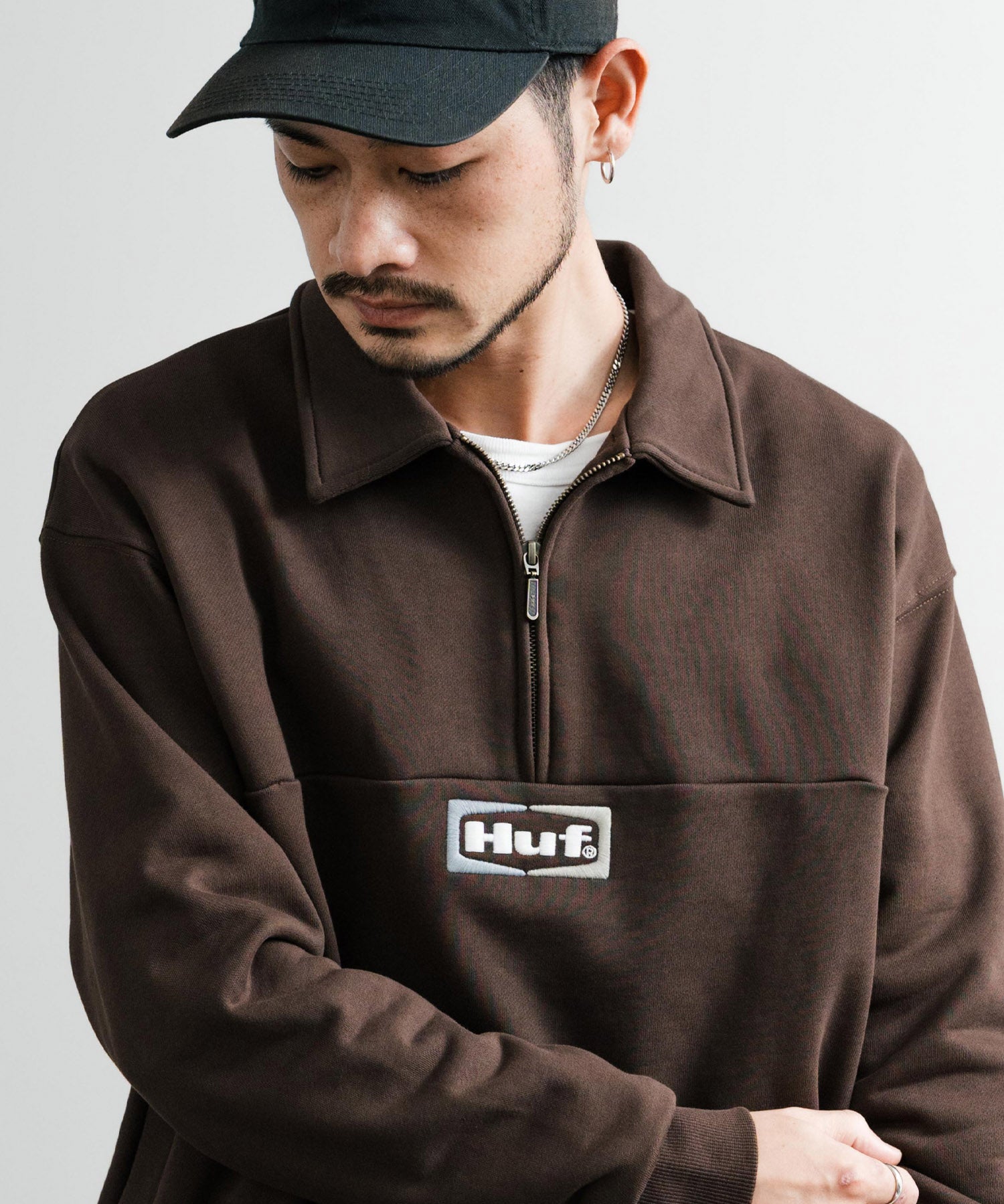 HUF ハフ SLATE QUARTER ZIP FLEECE オーバーサイズロゴ刺繍ハーフジップトレーナー