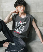 オーバーサイズ ピグメントライクグラフィックプリントノースリーブTシャツ