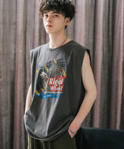 オーバーサイズ ピグメントライクグラフィックプリントノースリーブTシャツ