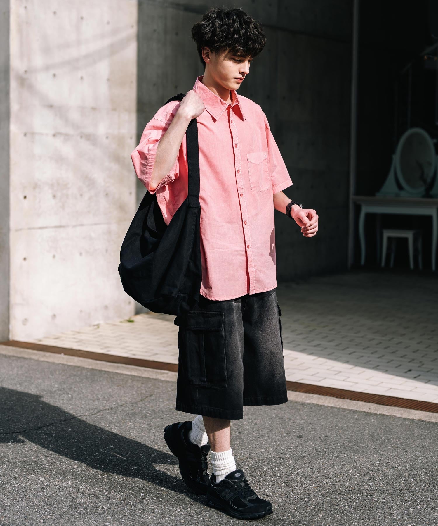 オーバーサイズ ピグメントダイ加工 レギュラーカラー半袖ブロードシャツ