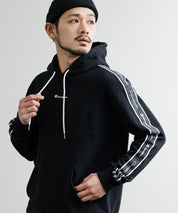 Champion チャンピオン オーバーサイズ袖ラインロゴ裏毛プルオーバーパーカー Mens Hooded Sweatshirt