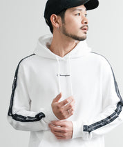 Champion チャンピオン オーバーサイズ袖ラインロゴ裏毛プルオーバーパーカー Mens Hooded Sweatshirt