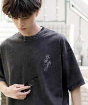 オーバーサイズ ケミカルウォッシュワンポイントフラワープリント半袖Tシャツ