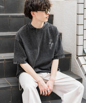 オーバーサイズ ケミカルウォッシュワンポイントフラワープリント半袖Tシャツ