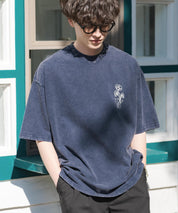 オーバーサイズ ケミカルウォッシュワンポイントフラワープリント半袖Tシャツ
