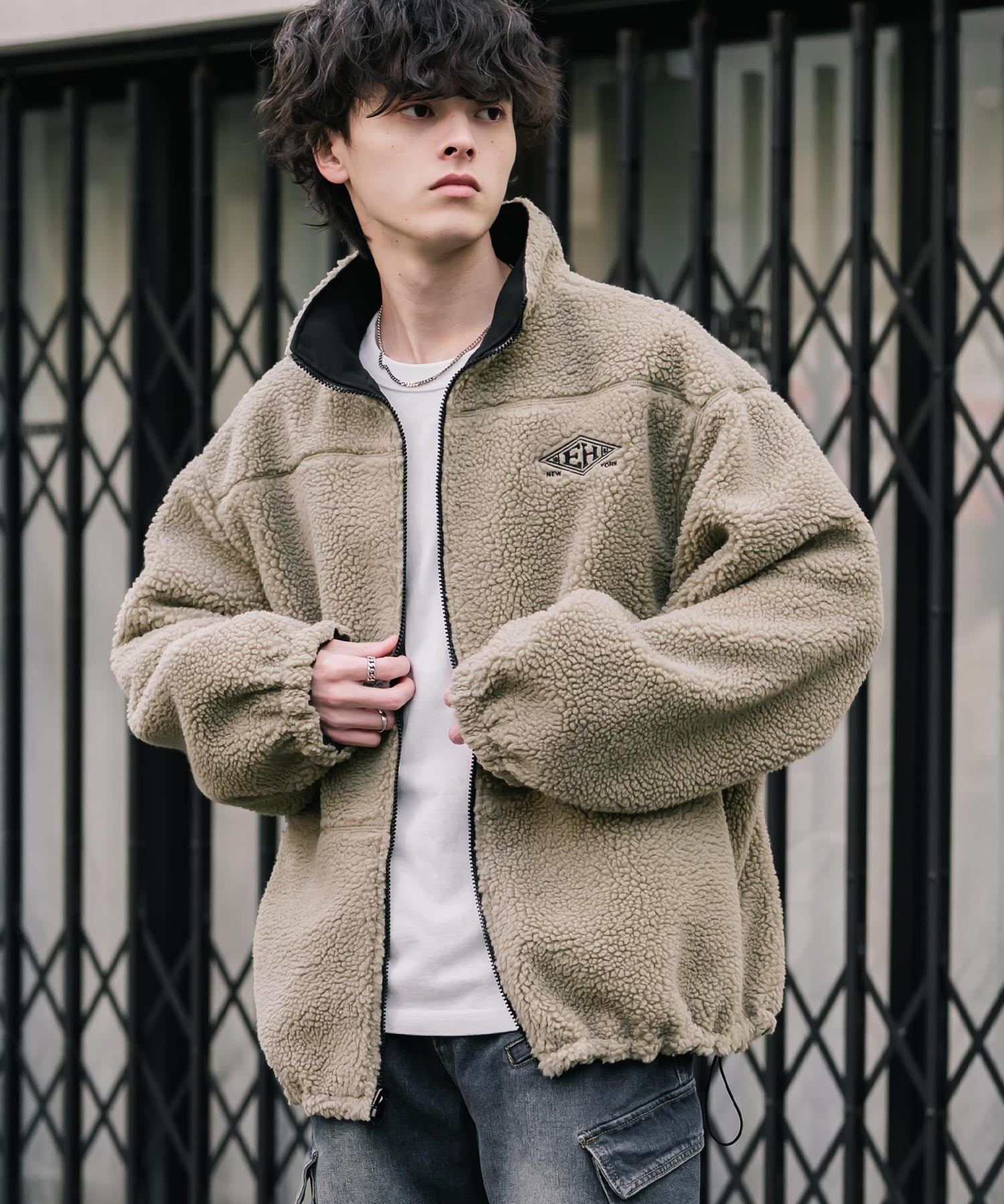 新色追加 2Wayリバーシブル 両A面オーバーサイズワンポイントサークルロゴ刺繍スタンドネックボアブルゾン 14527