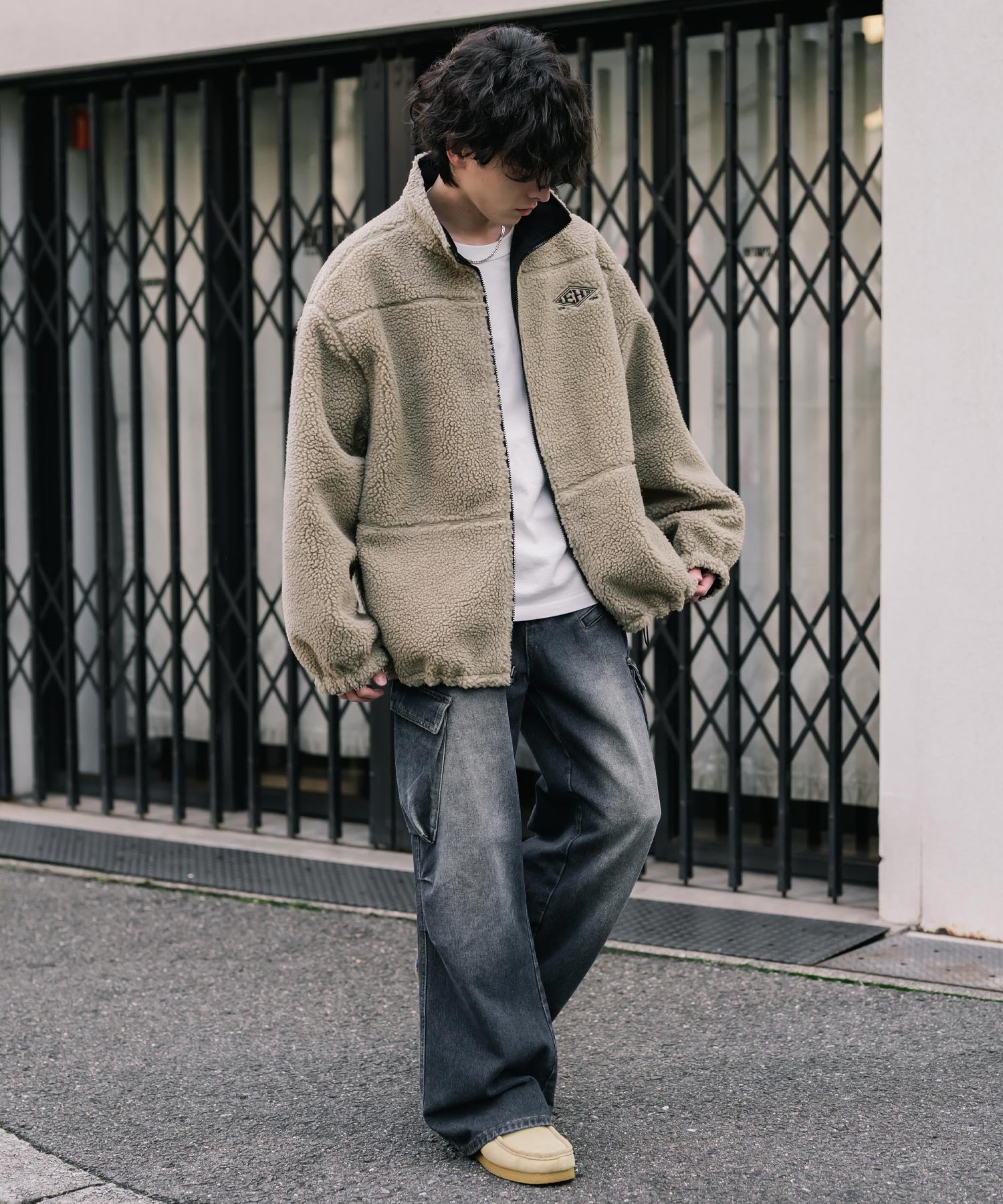 新色追加 2Wayリバーシブル 両A面オーバーサイズワンポイントサークルロゴ刺繍スタンドネックボアブルゾン 14527