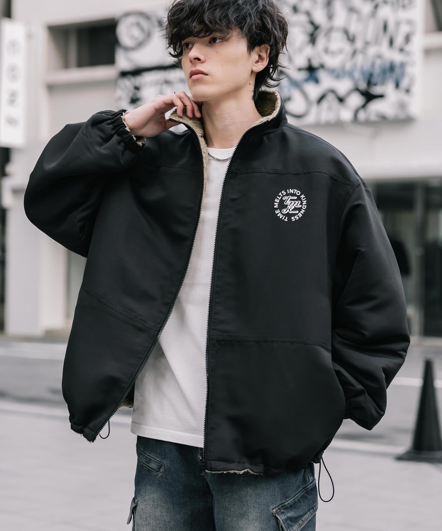 新色追加 2Wayリバーシブル 両A面オーバーサイズワンポイントサークルロゴ刺繍スタンドネックボアブルゾン 14527