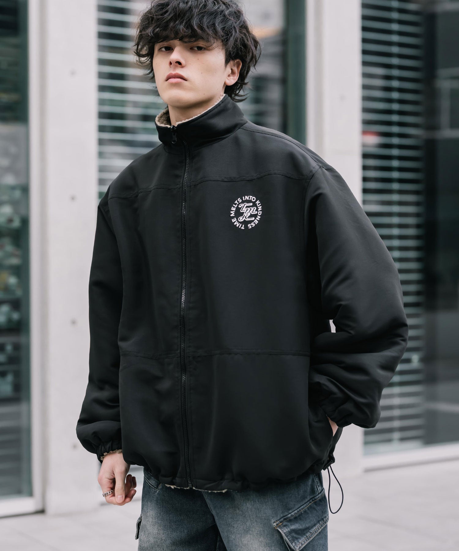 新色追加 2Wayリバーシブル 両A面オーバーサイズワンポイントサークルロゴ刺繍スタンドネックボアブルゾン 14527