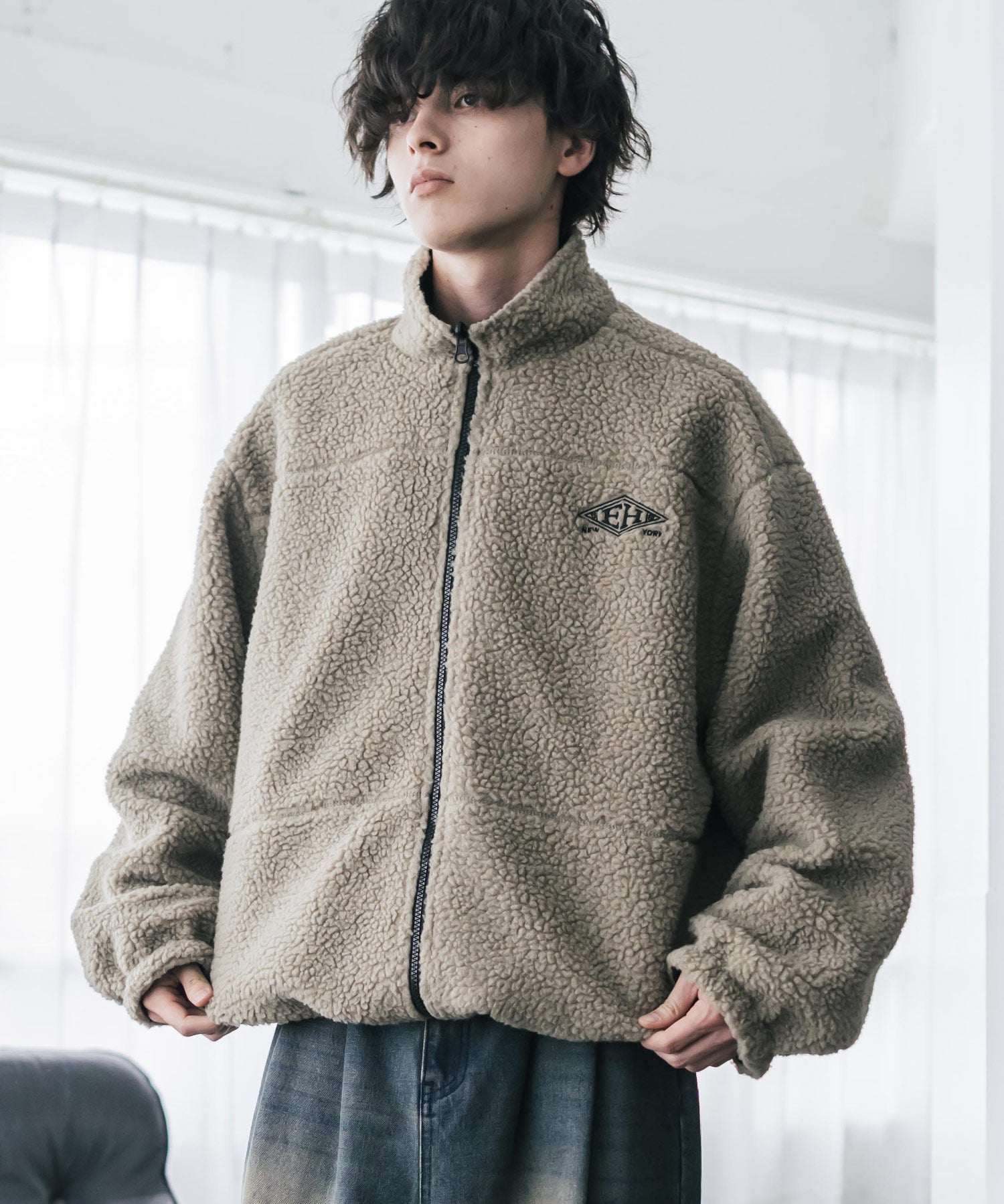 新色追加 2Wayリバーシブル 両A面オーバーサイズワンポイントサークルロゴ刺繍スタンドネックボアブルゾン 14527