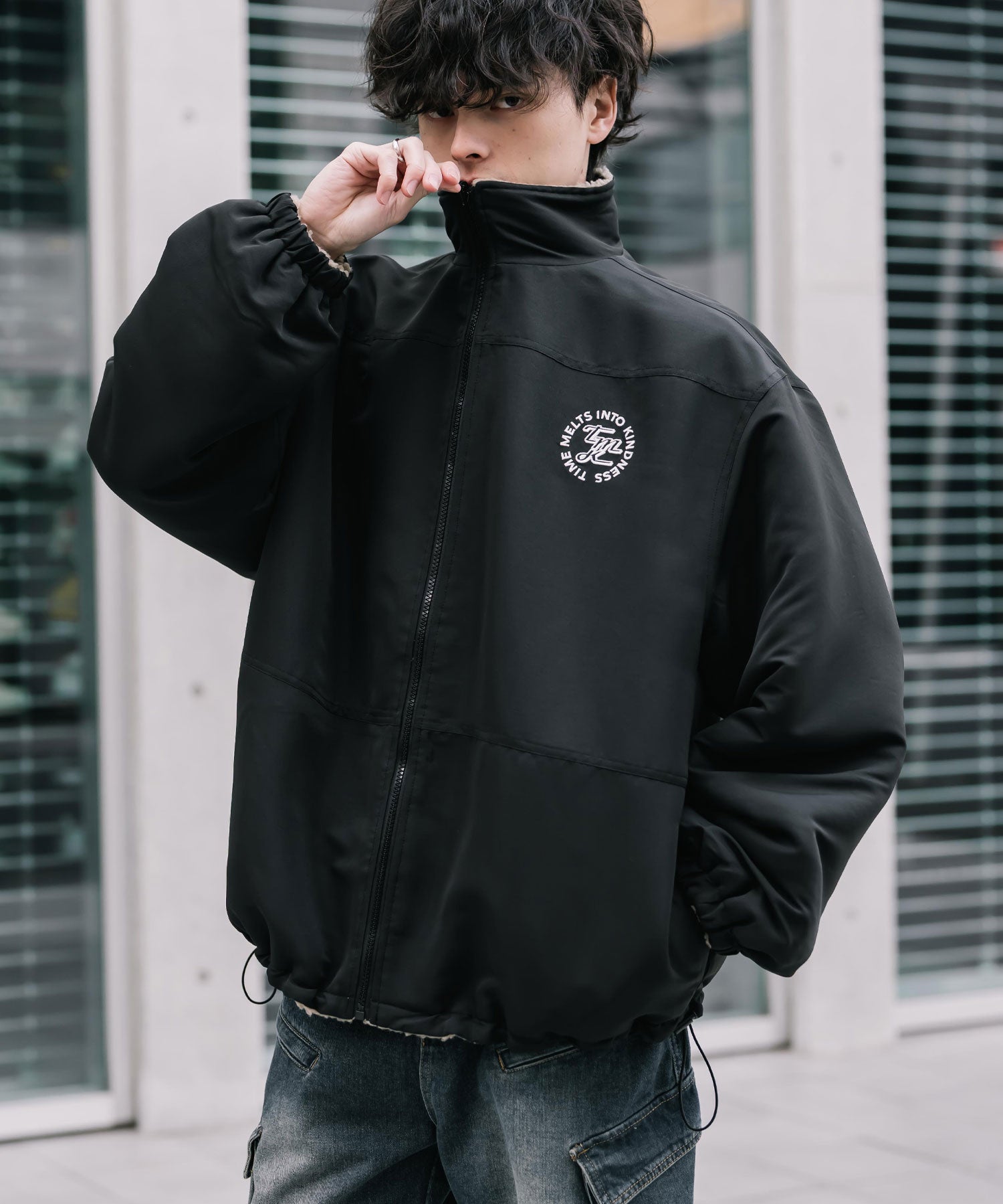 新色追加 2Wayリバーシブル 両A面オーバーサイズワンポイントサークルロゴ刺繍スタンドネックボアブルゾン 14527