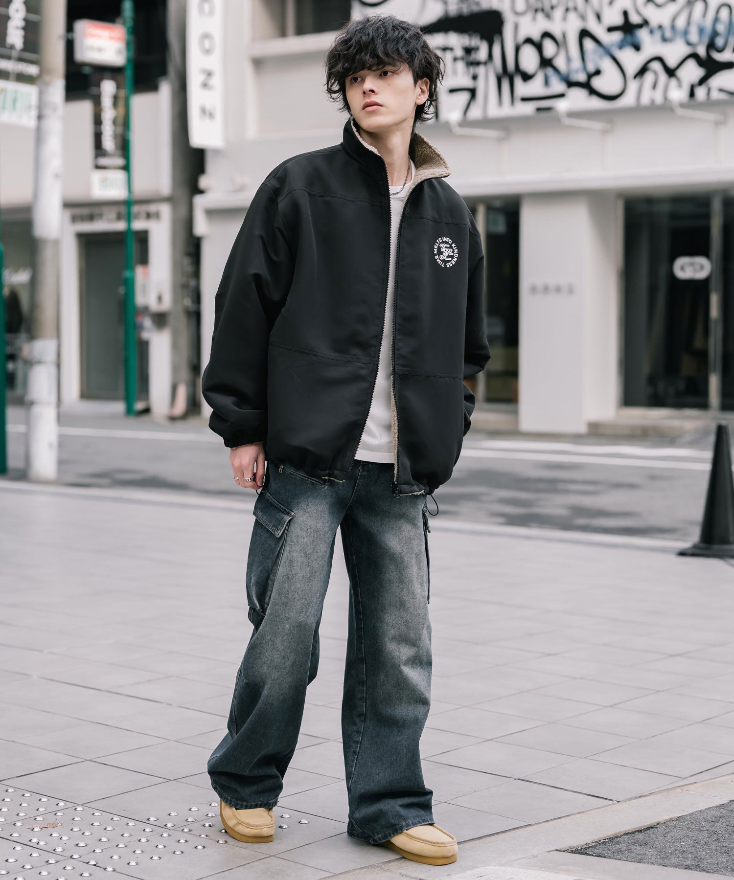 新色追加 2Wayリバーシブル 両A面オーバーサイズワンポイントサークルロゴ刺繍スタンドネックボアブルゾン 14527