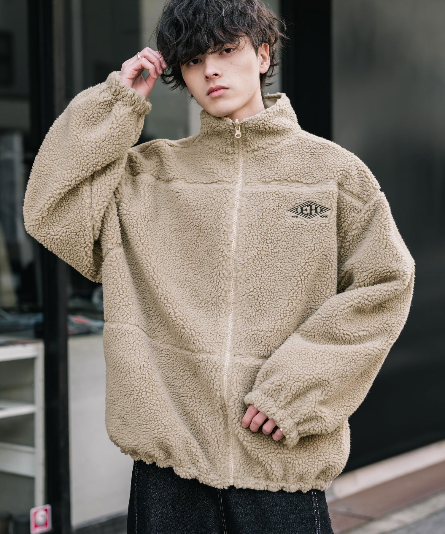 新色追加 2Wayリバーシブル 両A面オーバーサイズワンポイントサークルロゴ刺繍スタンドネックボアブルゾン 14527