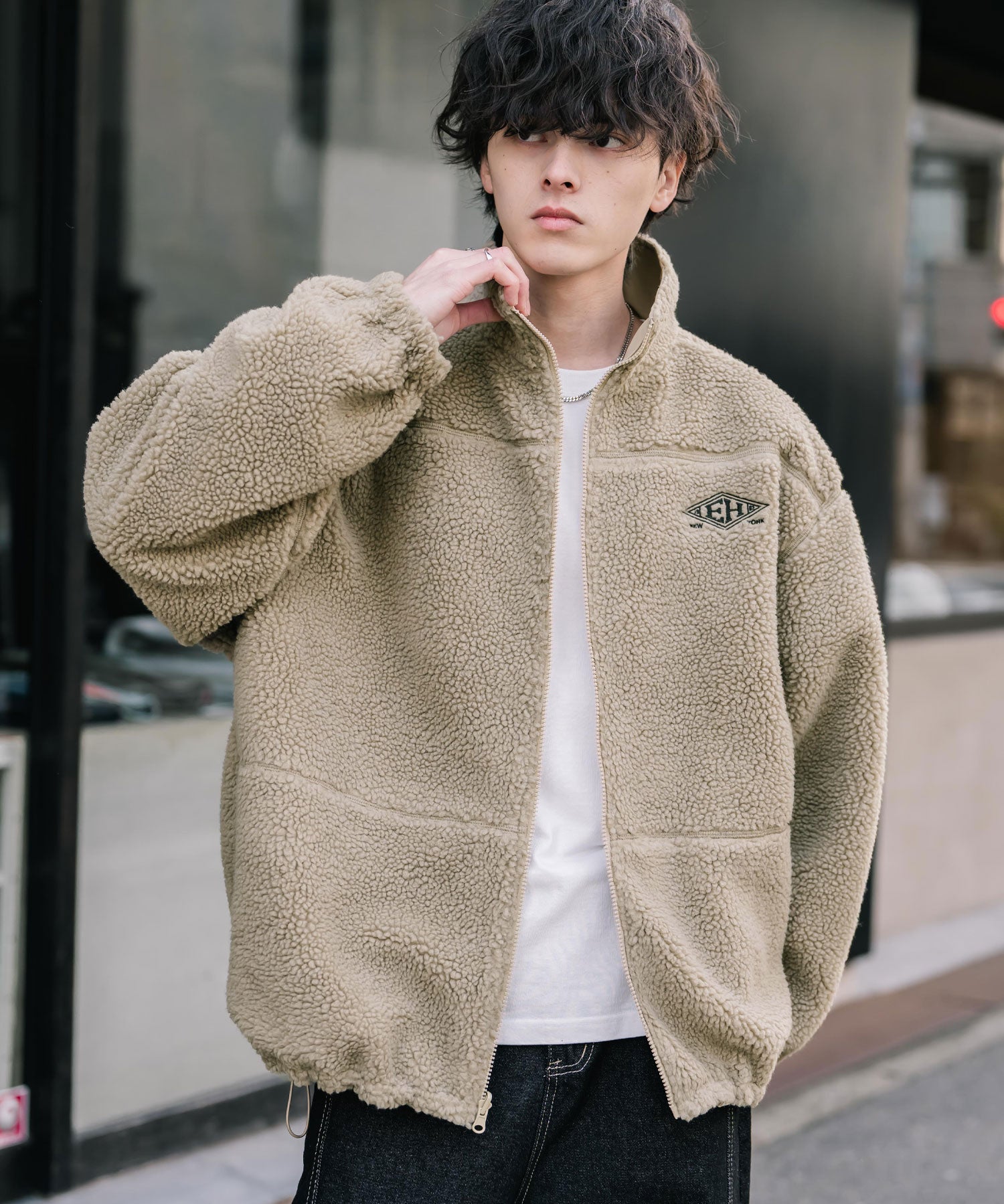 新色追加 2Wayリバーシブル 両A面オーバーサイズワンポイントサークルロゴ刺繍スタンドネックボアブルゾン 14527