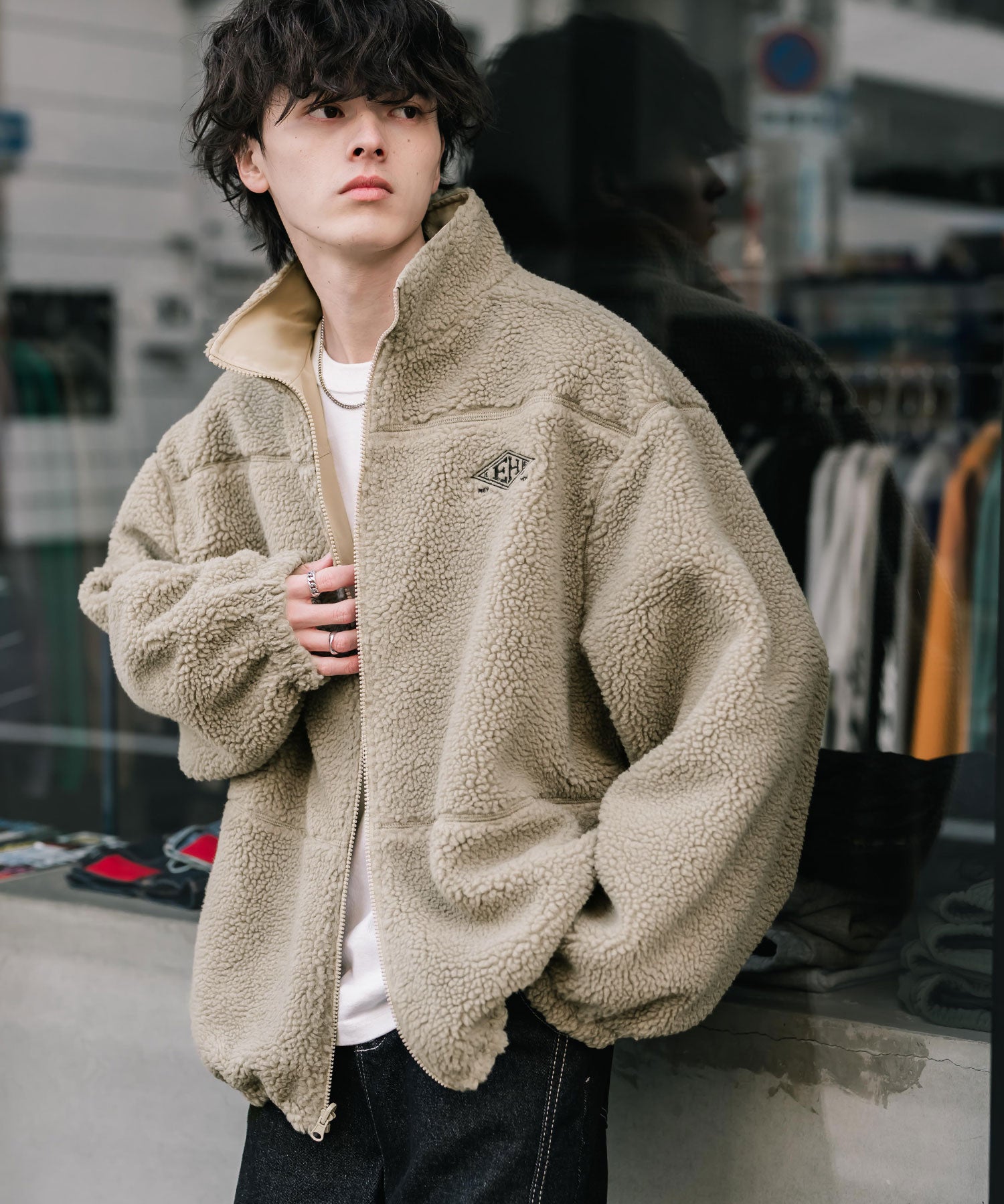 新色追加 2Wayリバーシブル 両A面オーバーサイズワンポイントサークルロゴ刺繍スタンドネックボアブルゾン 14527