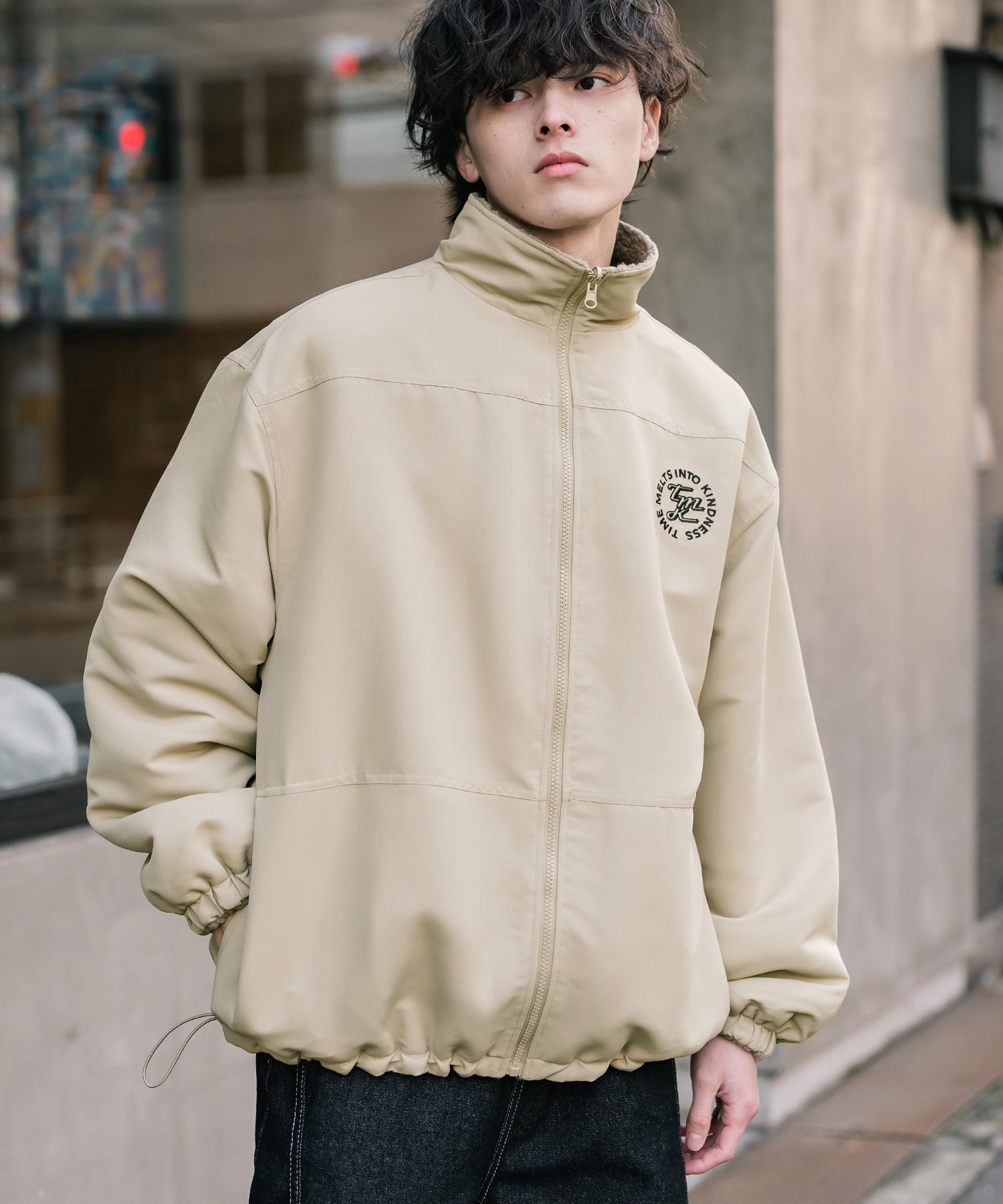 新色追加 2Wayリバーシブル 両A面オーバーサイズワンポイントサークルロゴ刺繍スタンドネックボアブルゾン 14527