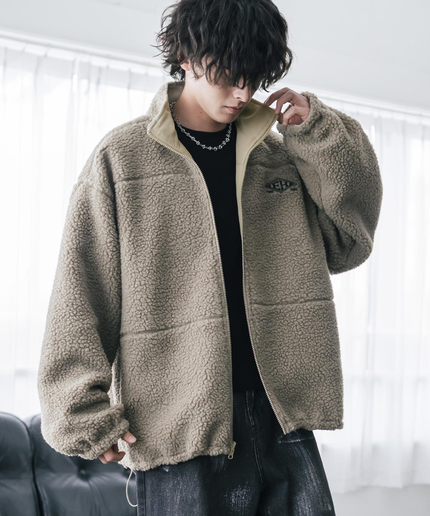 新色追加 2Wayリバーシブル 両A面オーバーサイズワンポイントサークルロゴ刺繍スタンドネックボアブルゾン 14527