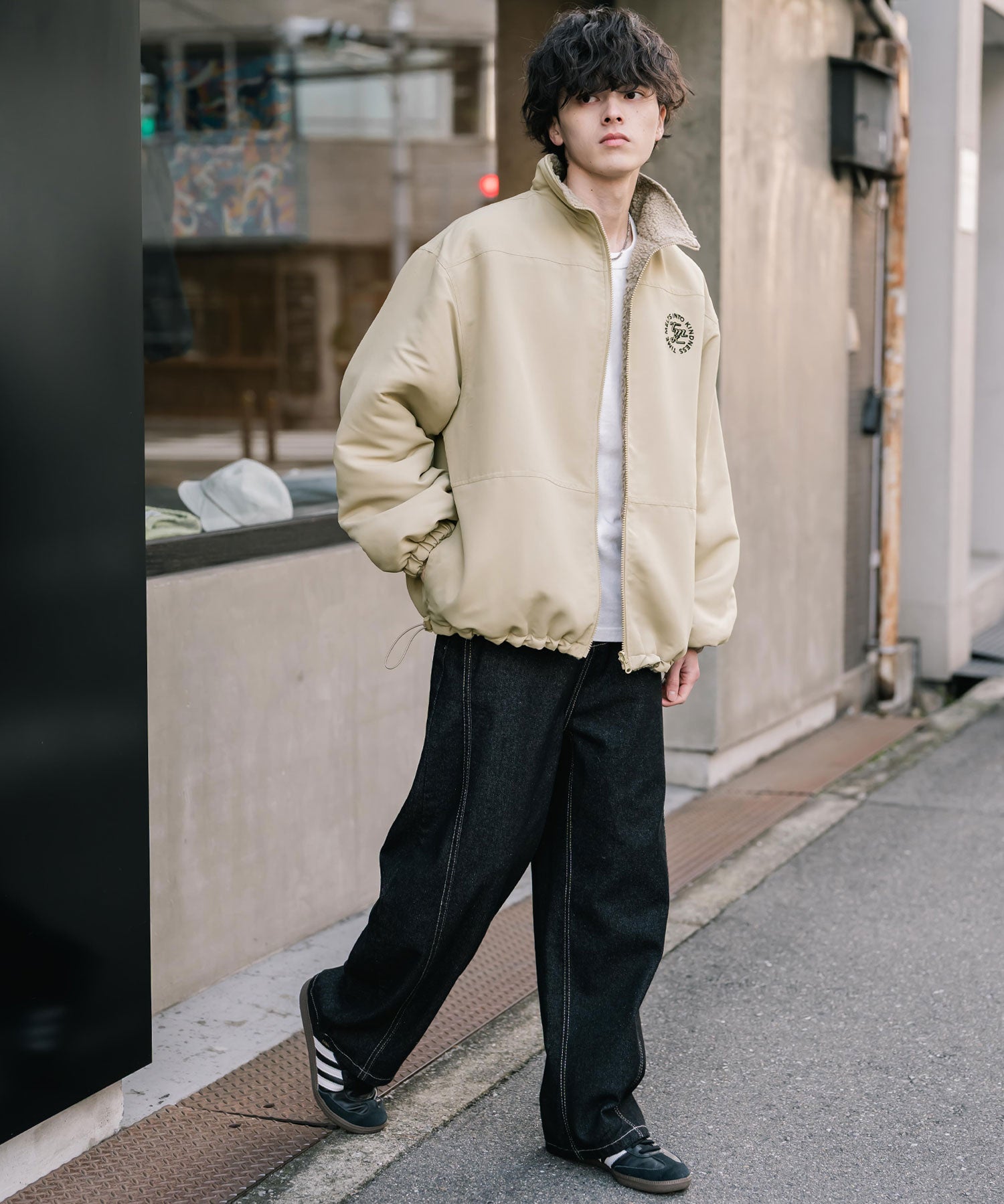 新色追加 2Wayリバーシブル 両A面オーバーサイズワンポイントサークルロゴ刺繍スタンドネックボアブルゾン 14527